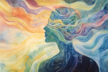 A woman's face is shown in a painting with a blue background