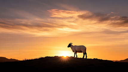 goat silhouetted against vibrant sunset, creating serene atmosphere