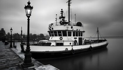 Monochrome Ship at Dock Peaceful Harbor Scene