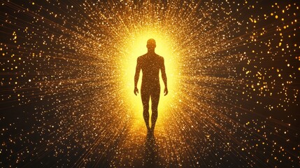 A man is walking through a tunnel of light