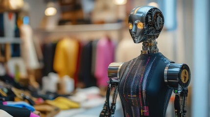 A futuristic silver robot mannequin stands amidst blurred clothing display with warm lighting