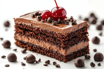 Indulgent Slice of Chocolate Cake Topped with Juicy Cherries and Rich Chocolate Chips