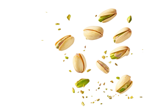 High quality image of falling pistachios on a transparent background