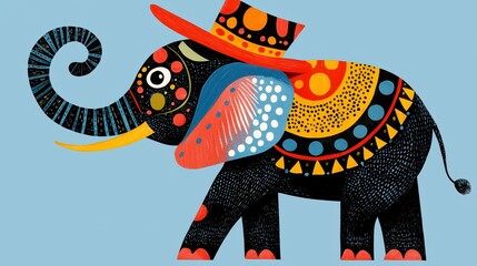 Obraz premium Colorful Artistic Elephant with Hat and Vibrant Patterns Illustration