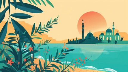 A cultural Ramadan Karim poster from Tunisia, featuring Mediterranean elements like the sea, a mosque silhouette, and olive branches, with a bright and inviting color palette.