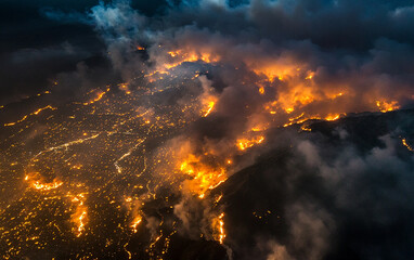 Fototapeta premium Wildfire Rampages Through a Suburban Area, Leaving Behind a Trail of Destruction and Ash