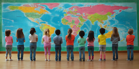 Obraz premium Kids view world map classroom lesson