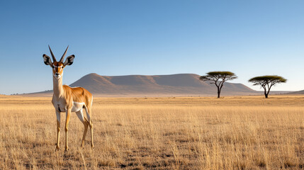 Naklejka premium Majestic antelope standing on sunlit savanna with distant mountains