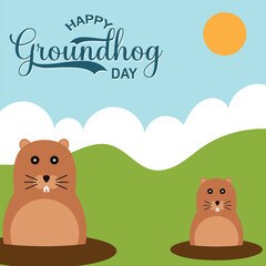 Happy Groundhog Day greeting card with hand drawn lettering and cute groundhog . Vector illustration. EPS 10