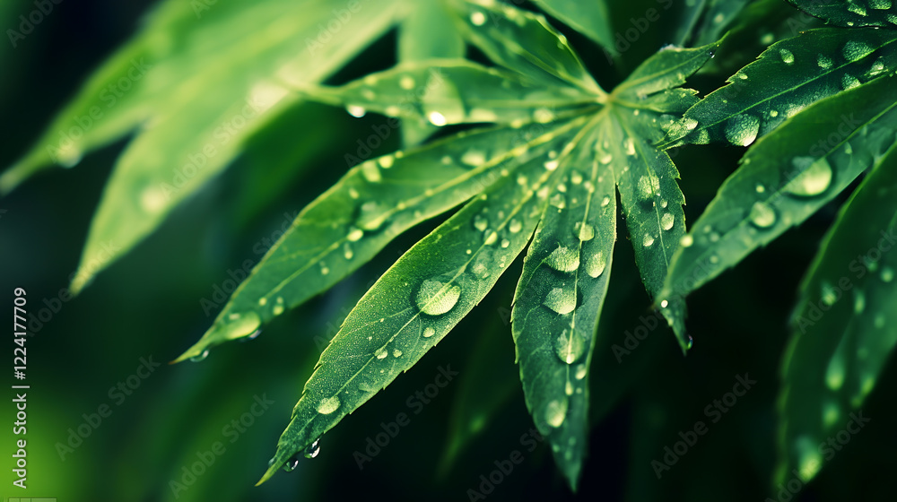 Poster close up of dew covered green leaves with lush and fresh foliage : generative ai