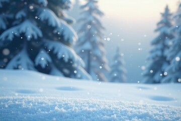 Softly falling snowflakes gently settle on a winter landscape, snowy scene, serene, snowfall