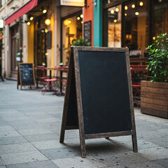 Blank chalkboard menu sign on the sidewalk in front of a restaurant