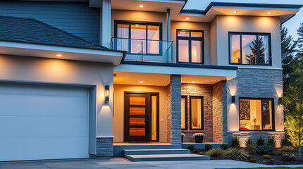 Obraz premium Luxury Modern Home Exterior at Night. Contemporary Architectural Design, Stunning Facade, Illuminated Windows, and Elegant Entrance. Real Estate Photography