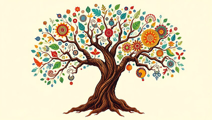 Fototapeta premium An abstract tree with branches extending into patterns, symbols, and colors from different cultures, representing the growth and richness of multicultural societies.