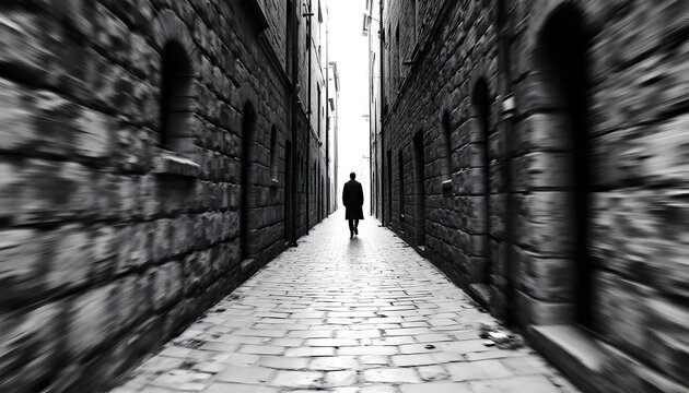Fototapeta Man Walking Alone Down Cobblestone Alleyway in Black and White