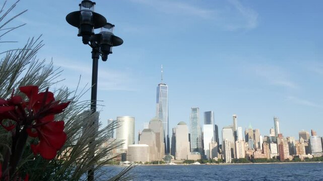 New York City waterfront skyline, Manhattan Downtown Financial district, World Trade Center building, riverfront skyscrapers. From Paulus Hook, New Jersey. United States architecture. Hudson river.