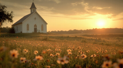 A charming chapel rests amid a field of wildflowers with the sun setting, casting a golden glow and creating a tranquil rural scene of peace and spirituality.