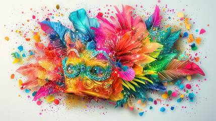 Vibrant carnival mask with colorful feathers and confetti, symbolizing celebration and joy
