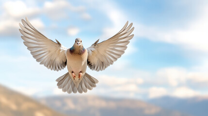 Obraz premium pigeon in mid flight with wings spread wide against blue sky