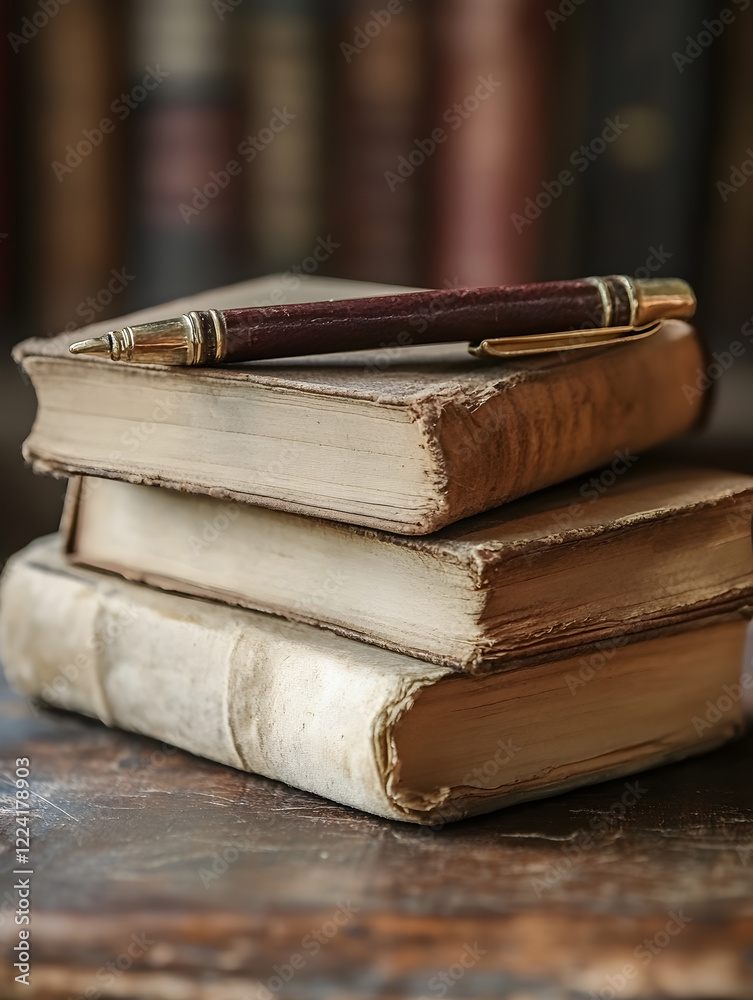 Poster vintage books with pen on table in antique library setting : generative ai