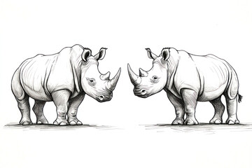 Obraz premium Two rhinos, one with a rhino's head and the other with a rhino's hindquarters, standing close to each other in a grassy field.