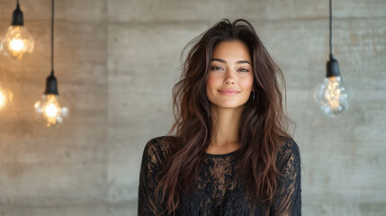 Fototapeta premium confident woman with long hair smiling in stylish setting