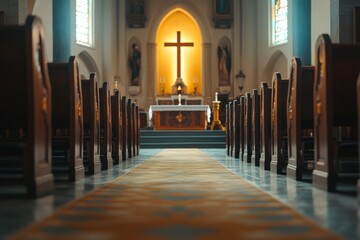 Fototapeta premium interior of empty beautiful church with cross and wooden pews 