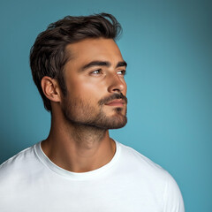 Obraz premium Handsome man Turn sideways for skin care and cosmetics concept White shirt on blue background