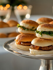 Gourmet mini burgers arranged elegantly on a platter, evoking a delectable array of flavors and culinary sophistication.