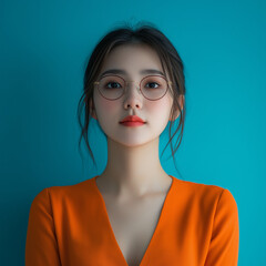 Happy business woman asian executive standing looking and dreaming of future business success, thinking of new goals, business vision and leadership concept on blue background