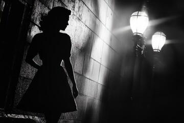 A woman is walking down a street at night