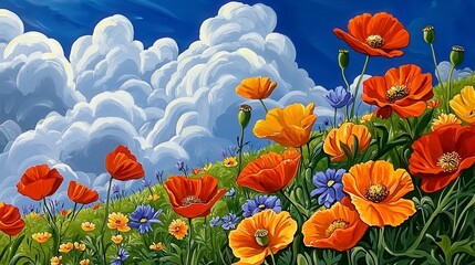 Obraz premium Vibrant Field of Colorful Poppies Under a Blue Sky with Clouds