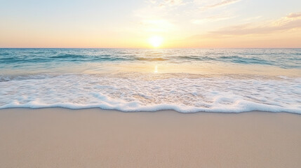 Fototapeta premium serene image of gentle waves lapping against sandy beach at sunset