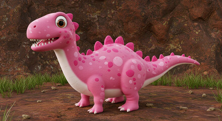 A cartoon-style pink dinosaur with large eyes and a cheerful expression, rendered in 3D