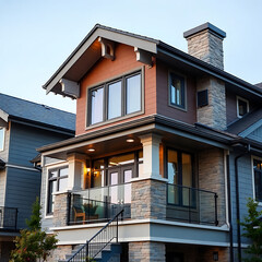 Modern House Exterior: Luxury Home Design and Architecture.  Contemporary Residential Building with Stone Facade and Balcony. Stunning Evening View.