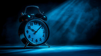 Blue-lit alarm clock, dark studio, foggy background, deadline concept