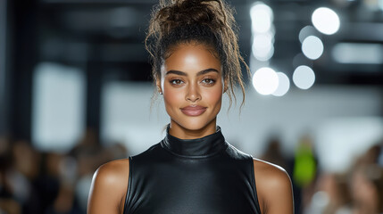 Confident woman in form fitting outfit walking on runway