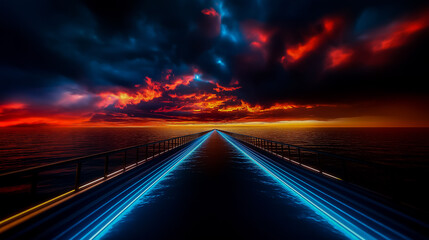 Obraz premium Glowing Bridge Across an Ocean Under Neon Sky