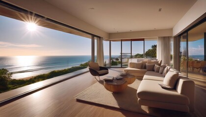 Fototapeta premium Modern oceanfront home with a sleek interior. Floor-to-ceiling windows showcase panoramic coastal views, blending luxurious living with natural beauty. Contemporary furniture complements the clean