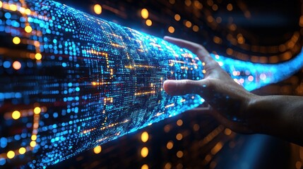 Digital Stream: Human Hand Interacting with a Flow of Data