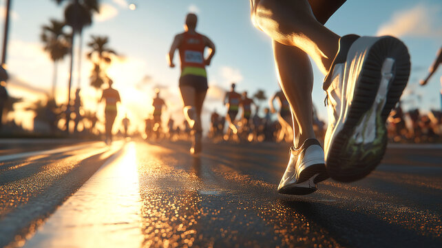 Morning marathon run - close-up of a runner's shoe on wet track
