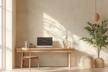 A stylish wooden desk featuring a plant, a modern computer setup, and a soft light creating a minimalist atmosphere.