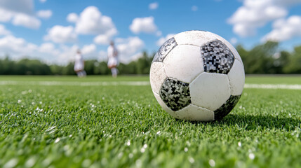 Fototapeta premium soccer ball resting on green field under blue sky with clouds