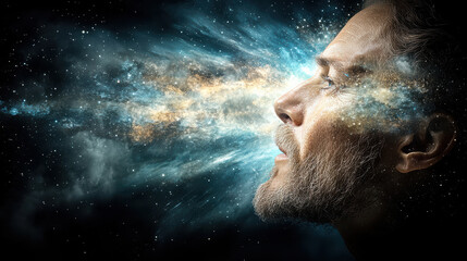 surreal image of human head revealing cosmic explosion of colors and light