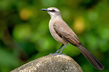 A close-up of a bird perched on a rock, surrounded by lush greenery, showcasing its detailed feathers