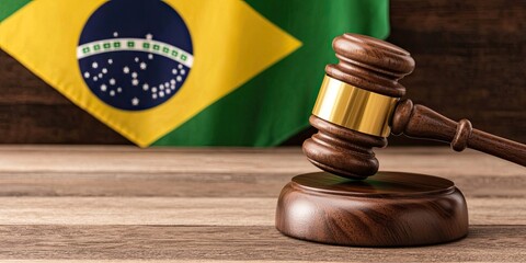 A gavel rests on a wooden table in front of the Brazilian flag, symbolizing justice and law in Brazil.