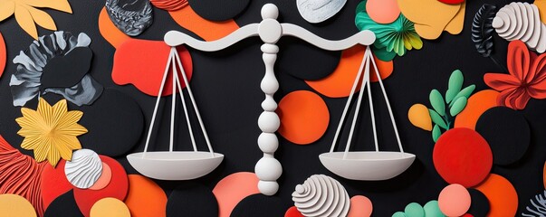 A balanced scale surrounded by vibrant, colorful shapes represents justice and fairness in a creative, artistic context.