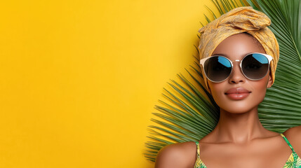 Fototapeta premium woman wearing sunglasses and headwrap poses against yellow background