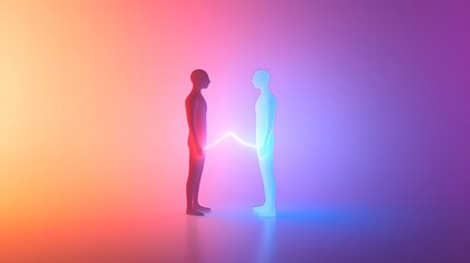 Two abstract human figures connected by a glowing bond, symbolizing unity and connection in a minimalist design