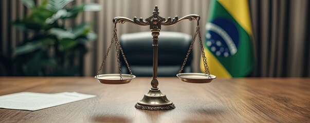 A detailed image showing a balance scale on a desk, symbolizing justice, with a Brazilian flag in the background, signifying legal authority.